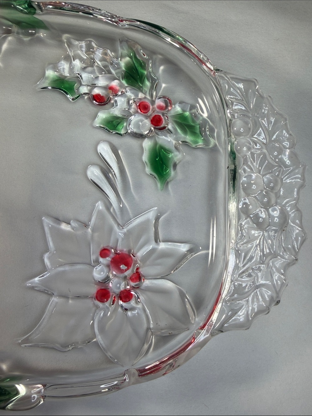 Clear Poinsettia Glass Serving Tray with Red and Green Accents - Picture 3 of 7